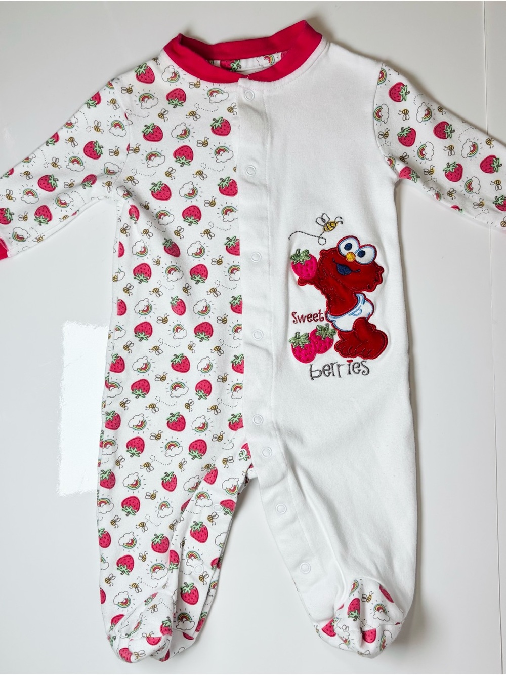 Y2K Vintage Style Sesame Street Baby Elmo Strawberry Sleeper Embroidered Rainbow